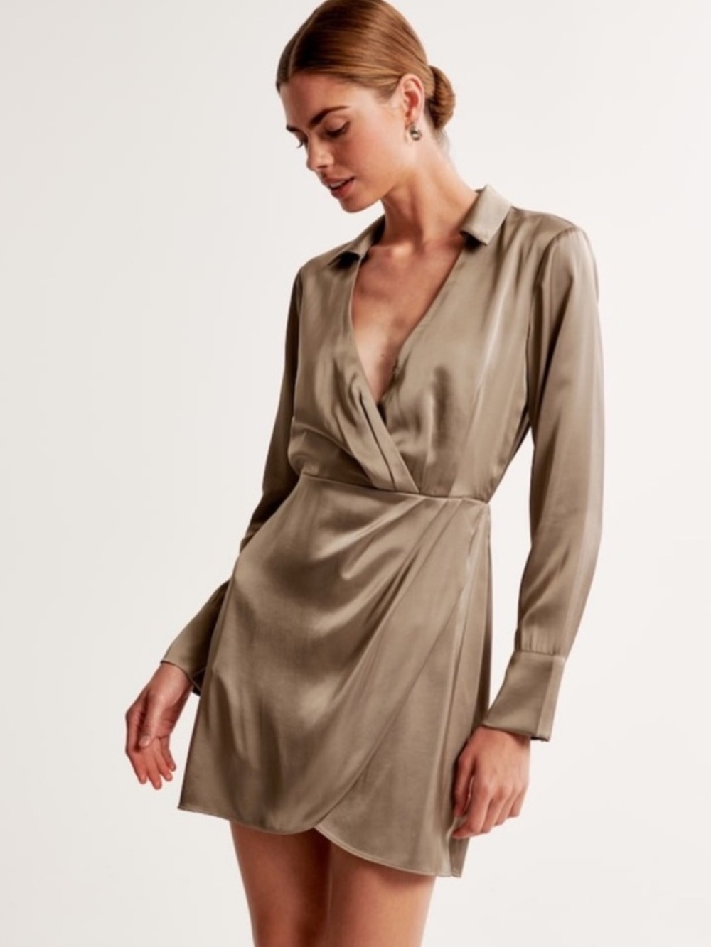 Abercrombie & Fitch Satin NWT Long-Sleeve Wrap Dress in Taupe